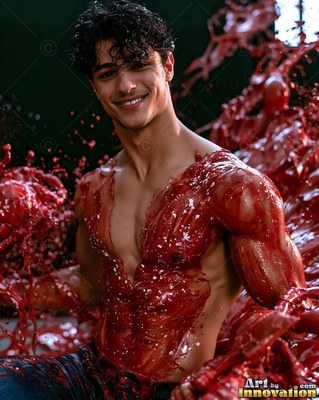 A smiling man sits covered in thick splashes of glossy red paint