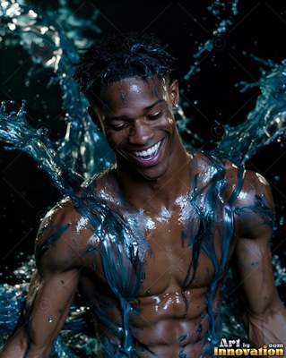 In a dark studio, a shirtless cheerful man is covered in splashing blue paint