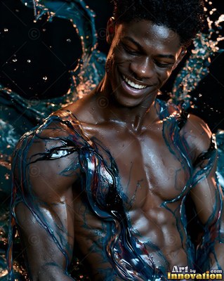 Smiling with eyes cast down, a muscular Black man is splashed with dark teal paint