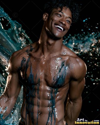 Bare-chested man smiling dripping with dark paint and blue water