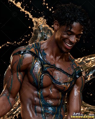 Dark wet swirls cover a smiling muscular man in front of flying liquid in the dark studio light
