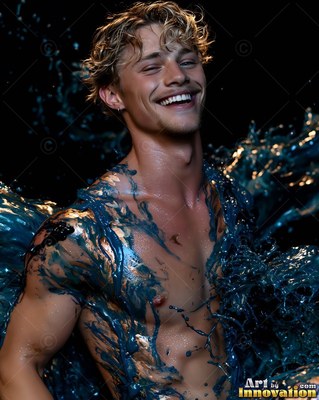 A shirtless young man smiles as splashes of thick teal paint burst around his bare chest