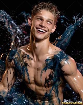 Turned slightly in the dark, a smiling shirtless man splashes in blue paint