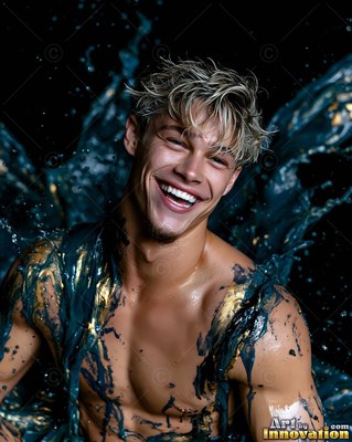 A smiling blond man is covered in splashing blue and gold paint