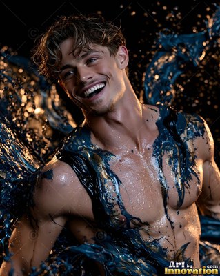In dark light, a smiling shirtless man is splashed with thick blue paint