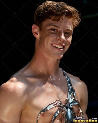 Smiling in bright sunlight, a shirtless young man wears silver paint across his chest
