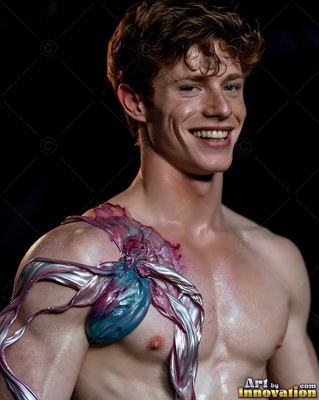 Grinning shirtless man with thick twisted paint on his shoulder