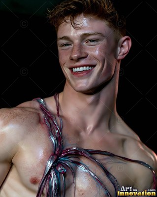 Streaks of wet silver paint on his bare chest in a dark studio, a grinning man looks aside
