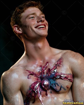 A shirtless young man smiles upward with glossy purple paint splashed across his chest