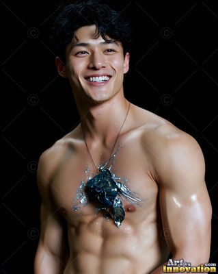 Grinning shirtless man standing against a black background with silver paint on his chest
