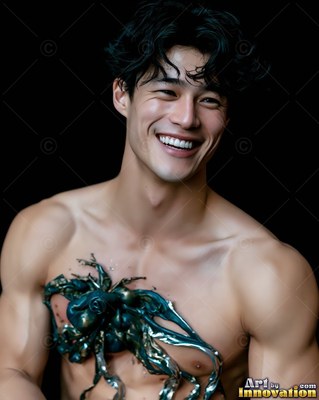 A grinning shirtless man with dark green paint shaped like an octopus on his chest