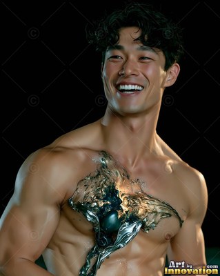 In a dark studio, a shirtless grinning man has liquid metal splashing on his chest