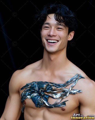 Smiling widely, a shirtless man wears shiny blue and silver paint across his chest