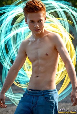 Shirtless young man framed by swirling blue and yellow light