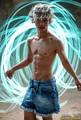 Silver hair tops a bare-chested young man surrounded by cyan light loops outdoors
