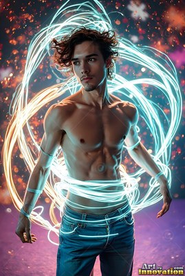 A man with no shirt stands still as swirling white and gold light loops around his body