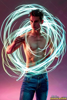 Facing front in the dark, a man with a bare chest stands encircled by white light rings