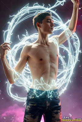 A man without a shirt in jeans raises an arm as white trails of light circle him