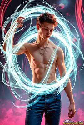 Against a dark sky, a young man with no shirt stands inside loops of pale bright blue light