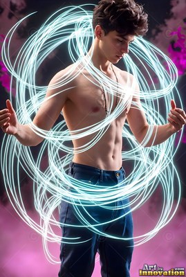 Standing shirtless, a slender young man is encircled by loops of pale bright blue light