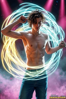 Man with a bare chest posing inside loops of blue and trails of yellow light