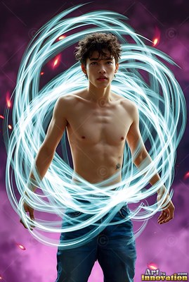 Bare-chested young man standing in a purple space ringed by swirling pale blue light streaks