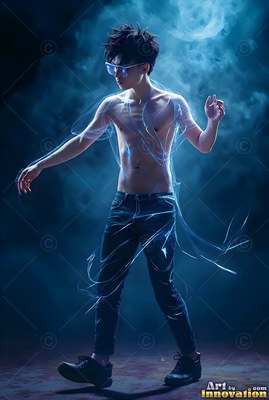 A man without a shirt stands mid-step as thin blue ribbons of light swirl across his chest