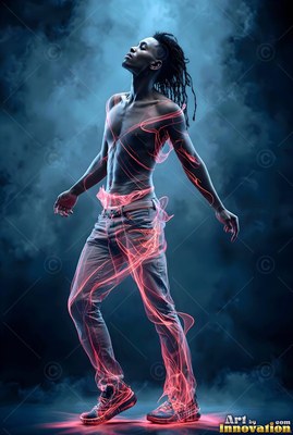 Standing in smoke, a shirtless man is wrapped in thin red light ribbons