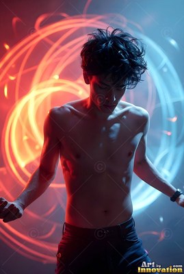 A man with no shirt stands still before swirling circles of red and blue light