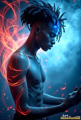 In blue haze, a man with a bare chest with dreadlocks stands by loops of red light