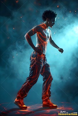 Walking through blue smoke, a shirtless young man is traced with fiery orange light lines