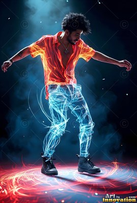 A man dancing in fiery orange and bright blue light lines