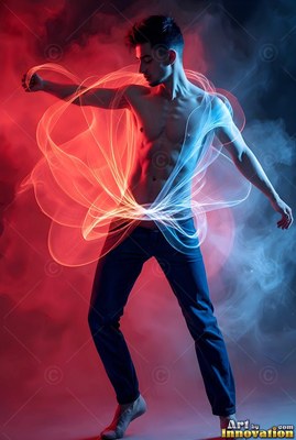 Bare-chested man in dark pants poses among trails of red and bright blue light in smoke