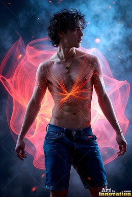 A man without a shirt stands still as swirling trails of orange light wrap behind him