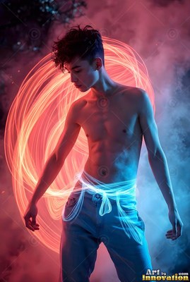 Standing shirtless in blue smoke, a man is circled by bright red loops of light