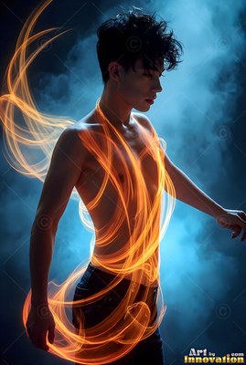 A young man with a bare chest stands in blue smoke as fiery orange loops of light swirl over his torso