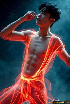 In dark blue mist, a young man with no shirt stands wrapped in red light trails
