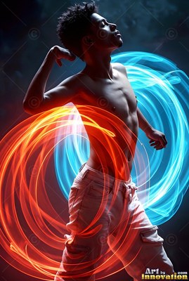 Posing shirtless, a young man stands encircled by loops of orange and bright blue light