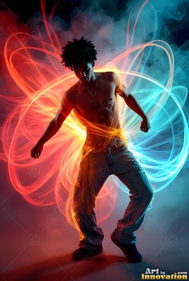 Man without a shirt posing inside red and blue loops of light