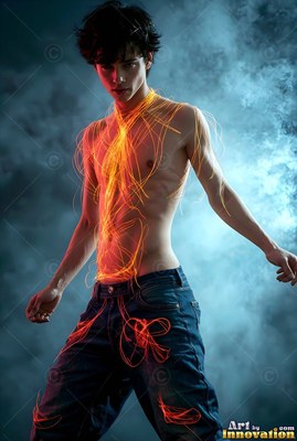 Shirtless in blue jeans, a young man is standing wrapped in orange light against smoke