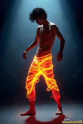 A shirtless man poses under a spotlight with tangled bright orange light ribbons wound around his pants
