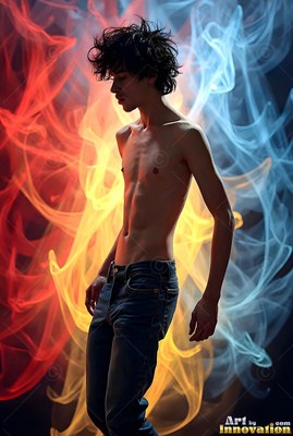 Turned in profile, a young man with no shirt stands before waves of red and bright blue light
