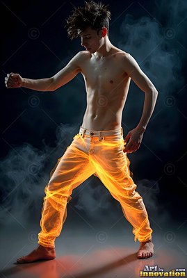 A shirtless young man posing in bright orange illuminated pants against smoke