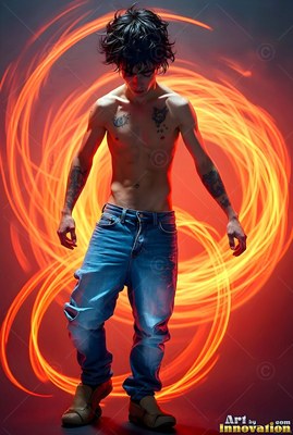 Against a dark space, a shirtless young man stands inside bright orange loops of light