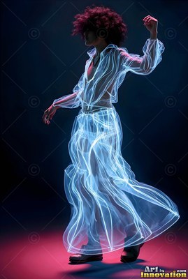 Dancing in the dark, a man wears a flowing shirt and pants made of pale bright blue trails of light