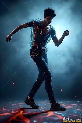 Man walks through misty bright blue light and sparks