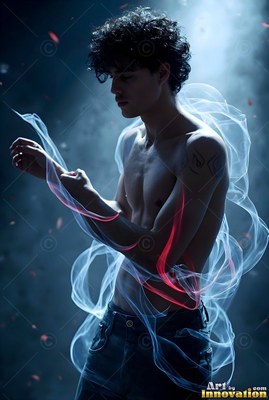 Curly dark hair frames a man without a shirt standing in smoke looped with pale ribbons