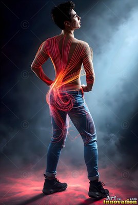 A shirtless man is standing looking away as curved red and yellow lines sweep over his back