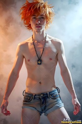 A shirtless young man with orange hair stands in denim shorts in front of smoke