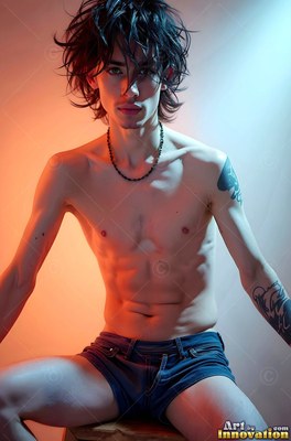 In a studio with split red and bright blue light, a thin young man sits in denim shorts